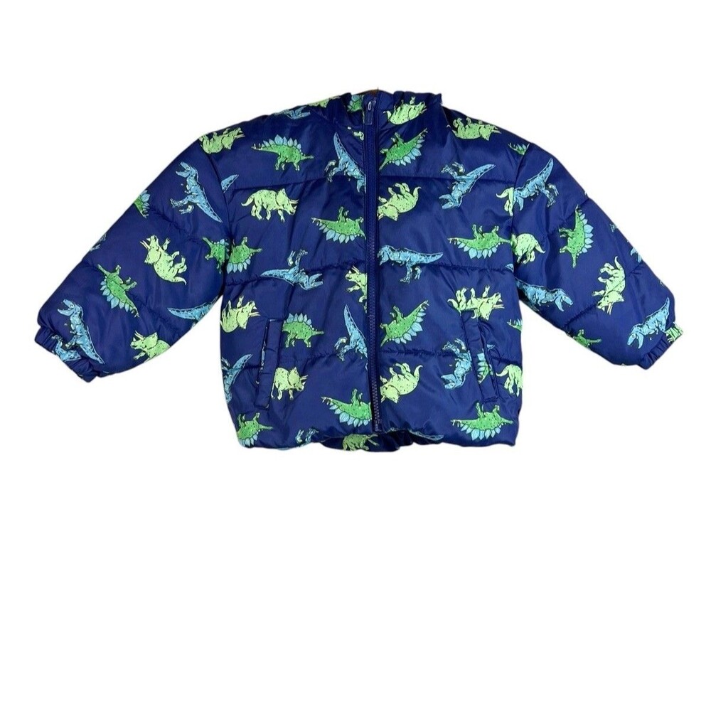 Old Navy Blue Dinosaur Hooded Puffer Jacket Coat Size 3T Fleece Lined Outdoor